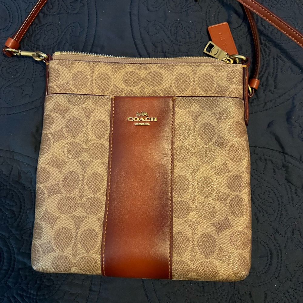 Coach Signature Canvas Colorblock Leather Zip Top Messenger Crossbody Bag